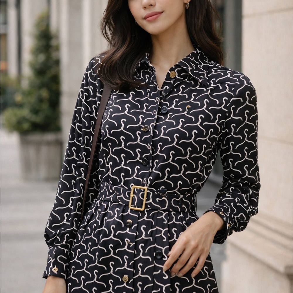 Silk DV Classic Shirt Dress Belted Side Vent Size 2 Old Money NWOT